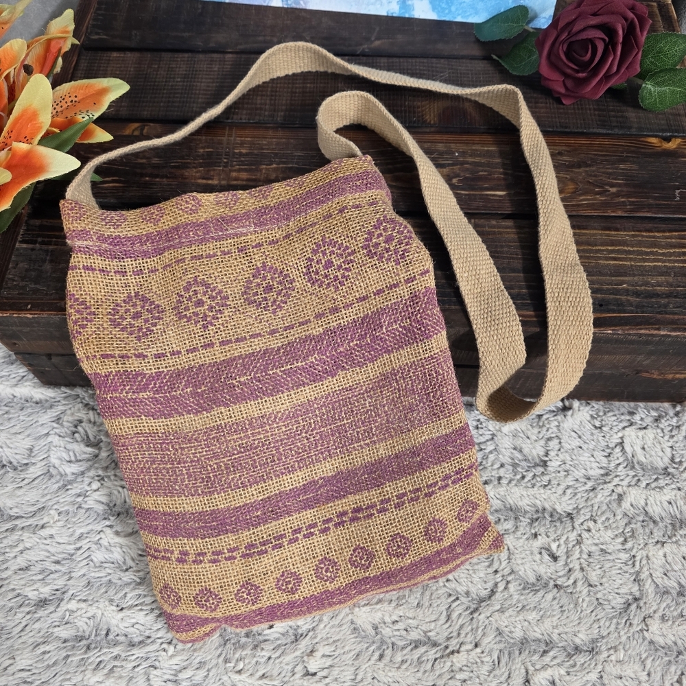 Burlap Boho Shoulder Bag, Tan and Purple